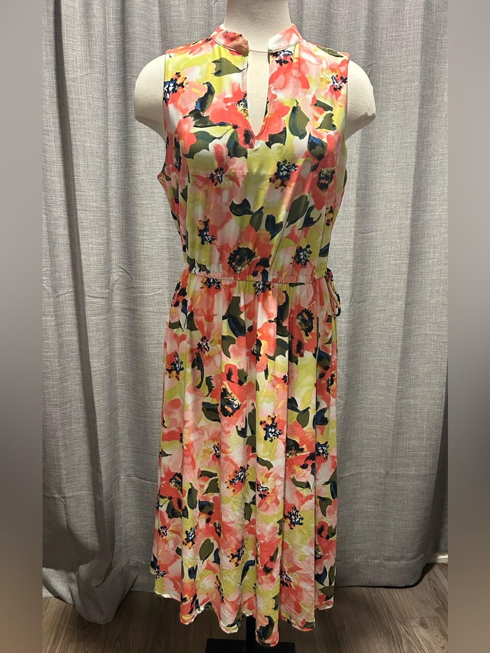 Anne Klein Coral and Yellow Floral Sleeveless Midi Dress